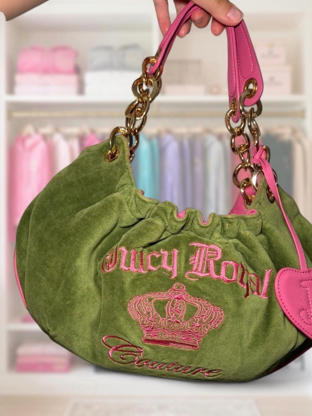 Juicy Couture Olive Green Suede Shoulder Bag with Pink Trim